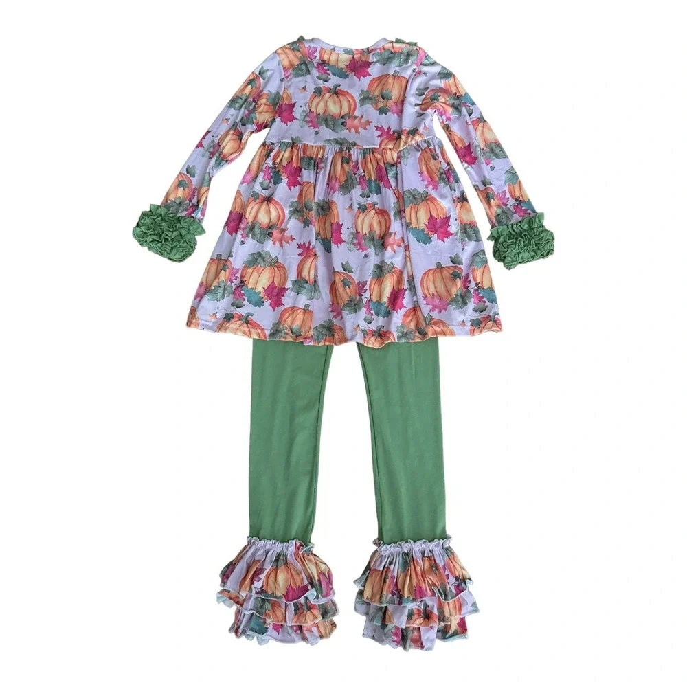 NWOT Pumpkin Leaf Fall Autumn Orange Crush Print Ruffle Top, leggings Set age 4T